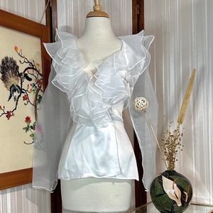 Vintage 80s White Ruffled Glam Formal Satin Blouse
